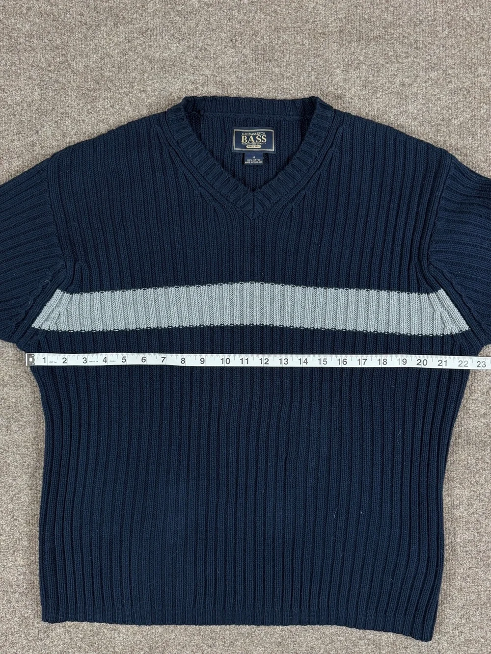 Vintage Navy Grey Chest Stripe Long Sleeve V-Neck Ribbed Sweater Men’s M 90s Y2K